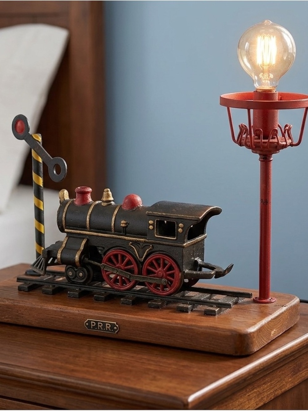 Vintage Wilkins, early 1900’s, cast iron train lamp, black,red, wood base, works